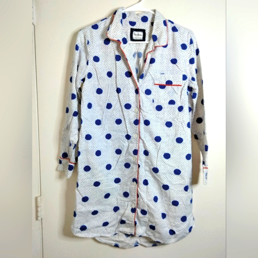 Boden (Size S) White & Navy Polka Dot Pattern Button Down Front LS Sleep Shirt